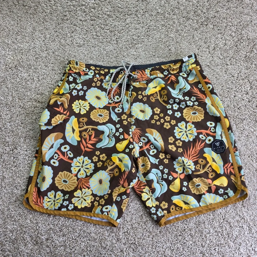 Vissla Board Shorts Mens 34 Brown Floral Retro Upcycled Coconut Surf Trunks